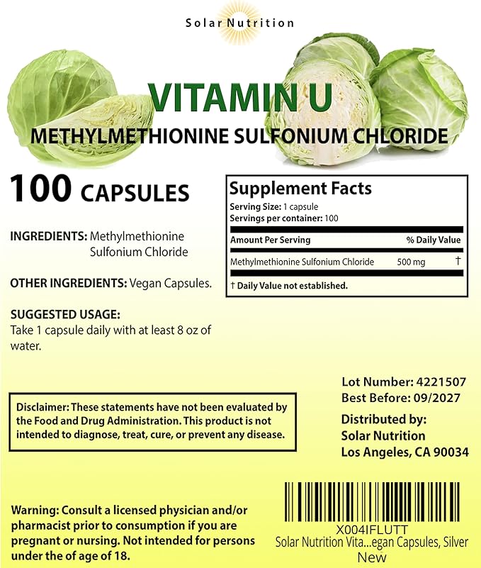 Vitamin U Methylmethionine Sulfonium Chloride 500 mg 100 Vegan Capsules Silver