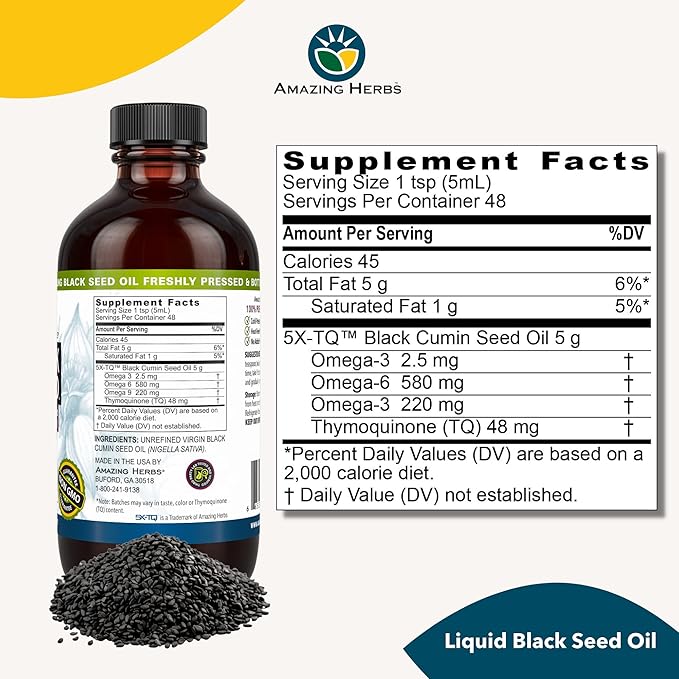 Amazing Herbs Premium Black Seed Oil - Gluten Free Non GMO Cold Pressed Nigella Sativa Aids in Digestive Health Immune Support Brain Function - 8 Fl Oz