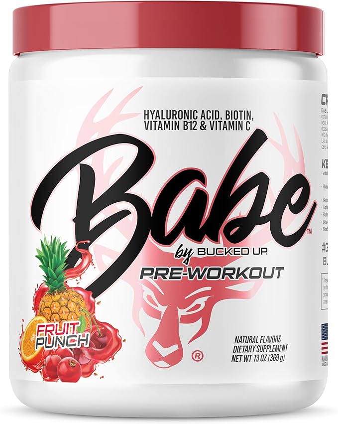 Bucked Up Babe Pre Workout Powder for Women | Fruit Punch | 6g Citrulline 2g Beta-Alanine 100mg Hyaluronic Acid 5mg Biotin and 5 Other Registered trademarked Ingredients | 30 Servings | 13 OZ