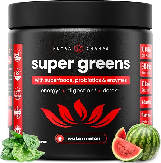 NutraChamps Super Greens Powder Premium Superfood | 20+ Organic Green Veggie Whole Foods | Alfalfa Spirulina Chlorella &amp More | Antioxidant Digestive Enzyme &amp Probiotic Blends | Watermelon