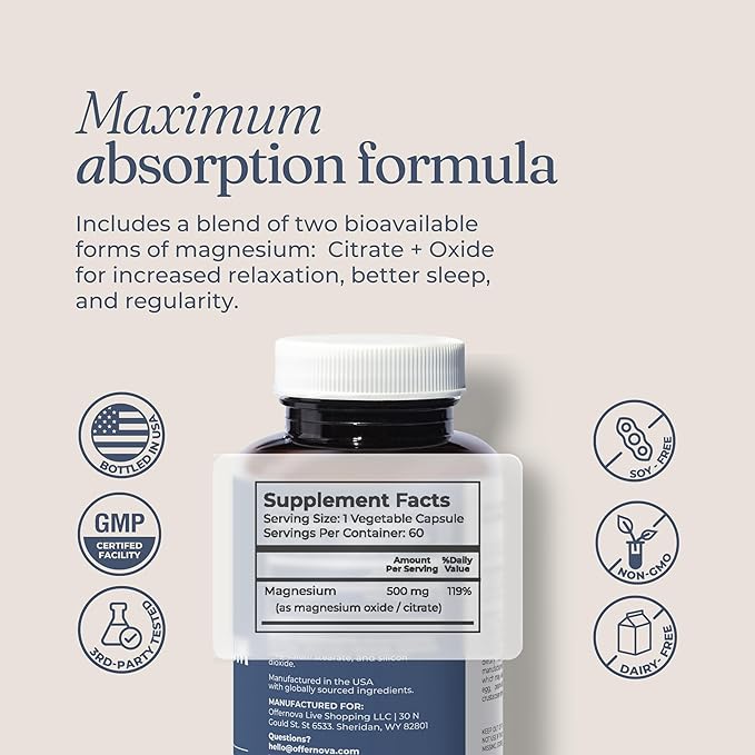 Offernova Magnesium Ultra - High Absorption 500mg Vegan Magnesium Citrate &amp Oxide Complex - Boost Sleep Digestion &amp Muscle Health for Men &amp Women – Constipation Relief - Citrato de Magnes