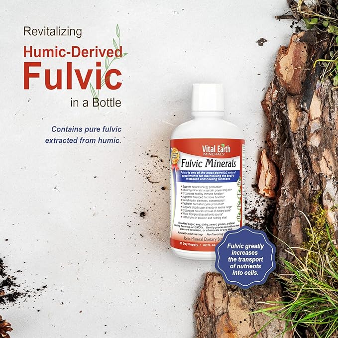 Vital Earth Minerals Fulvic Minerals Liquid – Fulvic Acid Supplement with 70+ Trace Minerals Electrolytes for Energy &amp Vitality 32 Oz + 1 Oz Cup