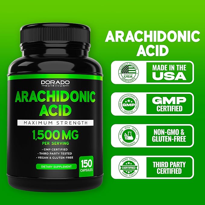 Arachidonic Acid Supplement 1500mg (150 Capsules) - Muscle and Strength Supplement for Muscle Mass &amp Recovery for Men &amp Women - Gluten Free &amp Non-GMO - 3rd Party Tested - (150 Capsules) (P