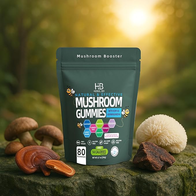 Organic Ashwagandha &amp Lions Mane Mushroom Gummies - Reishi Cordyceps Turkey Tail Maitake Shitake &amp Chaga Immune Support &amp defense Brain Boost Vegan All-in-One Superfood supplement
