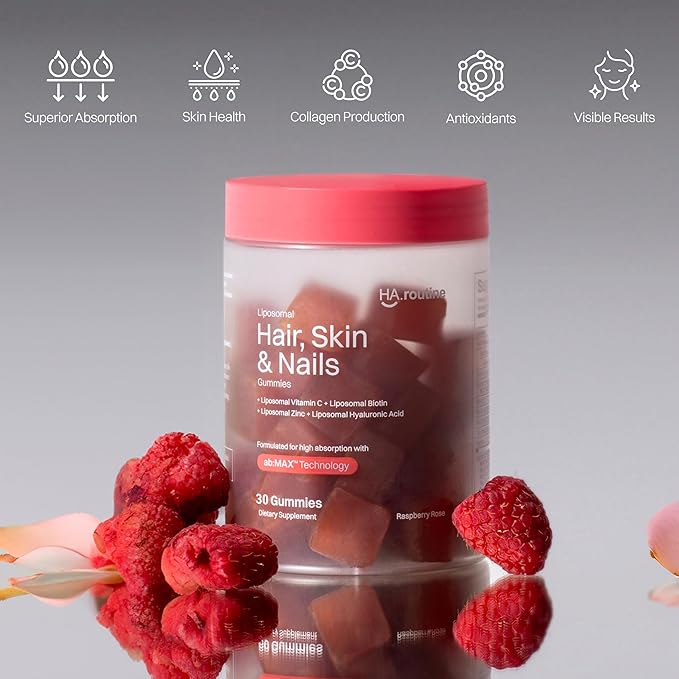 Haroutine Liposomal Hair Skin &amp Nails Gummies 2500 mcg Liposomal Biotin 1200 mcg Vitamin A 2 mg Vitamin E Healthy Hair Nail Strengthener Skin Support - 30 Servings Raspberry Rose Flavor