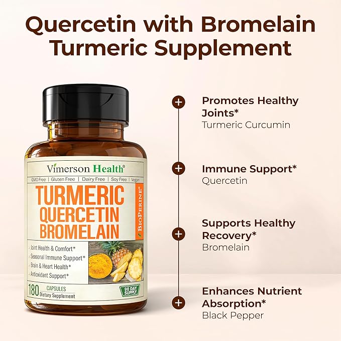 Quercetin with Bromelain Turmeric Curcumin Supplement – Allergy Relief Immune &amp Joint Support – Organic Turmeric Supplement w/Bioperine for Enhanced Absorption Quercetin 500mg Capsules 2 Pack