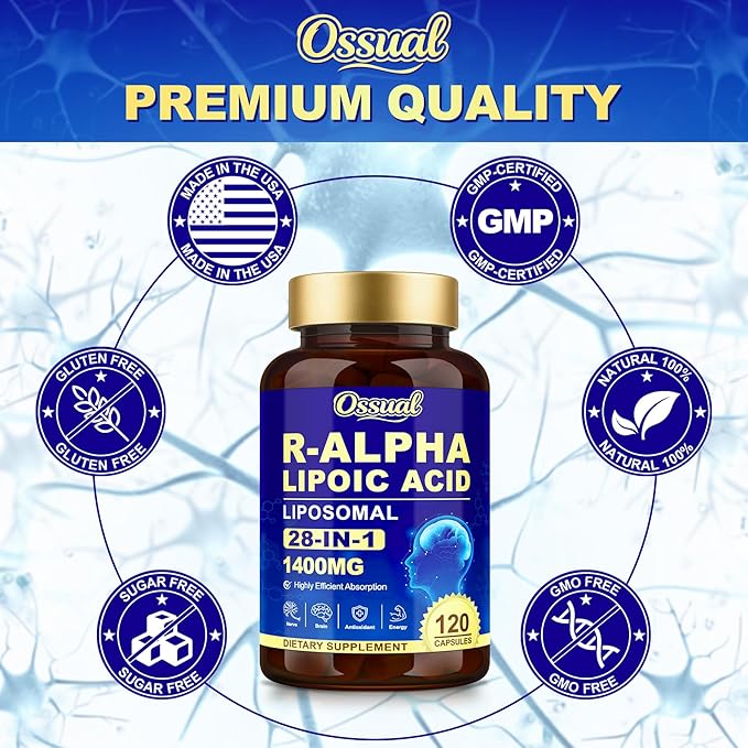 R Alpha Lipoic Acid 1400mg Neuropathy Supplements 28-in-1 Stabilized ALA Supplements with L-Carnitine NAC &amp Benfotiamine R-ALA Supplement Antioxidant for Nerve Brain Energy丨Vegan 240 Capsule
