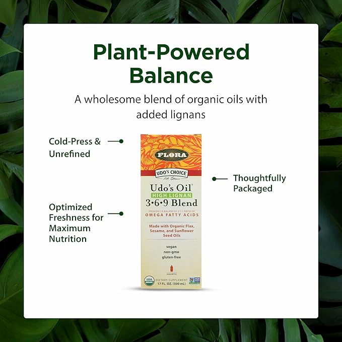 Flora - Udo's Choice High-Lignan 369 Omega Oil Blend Udo's Oil Balanced 2:1:1 Ratio of Omega Fatty Acids Made with Organic Flax Sesame &amp Sunflower Seed Oils 17-oz. Glass Bottle