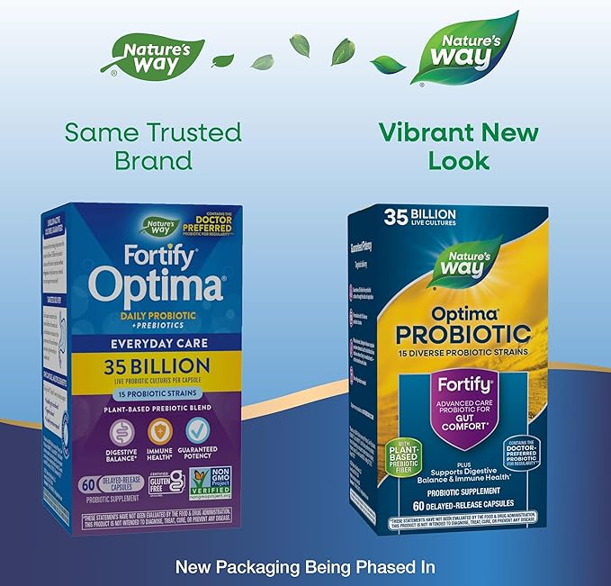 Nature's Way Fortify Optima Probiotic for Adults 35 Billion Live Cultures 15 Strains Supports Digestive Balance and Immune Health* No Refrigeration Required 60 Capsules (Packaging May Vary)