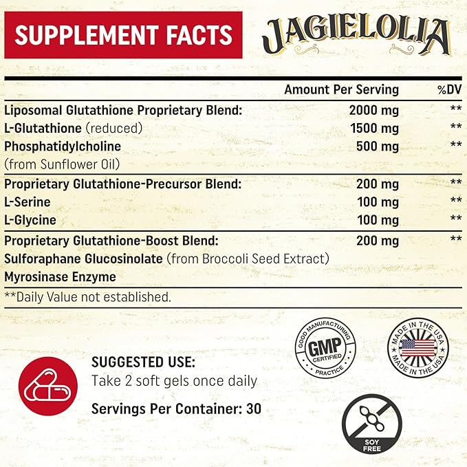 Liposomal Glutathione 2000 mg with L-Serine L-Glycine &amp Sulforaphane – Active L-Glutathione Unique Formulation to Enhance Absorption - Master Antioxidant Detoxifying &amp Immune | 60 Softgels