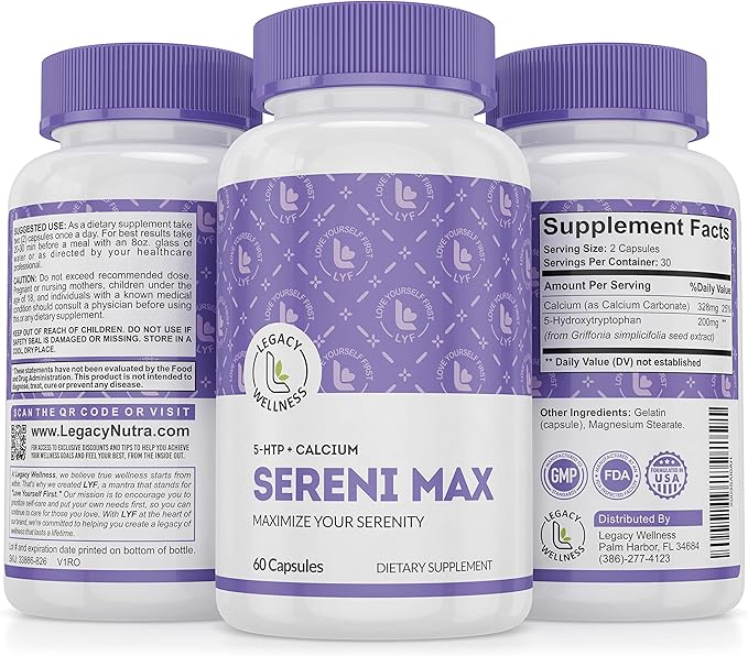 SERINI-MAX - 5-HTP Mood Support Supplement + Calcium - Supports Calm &amp Peaceful State of Mind - Boost Serotonin 5HTP 200mg for Stress Management &amp Sleep Support Supplements - 60 Capsules