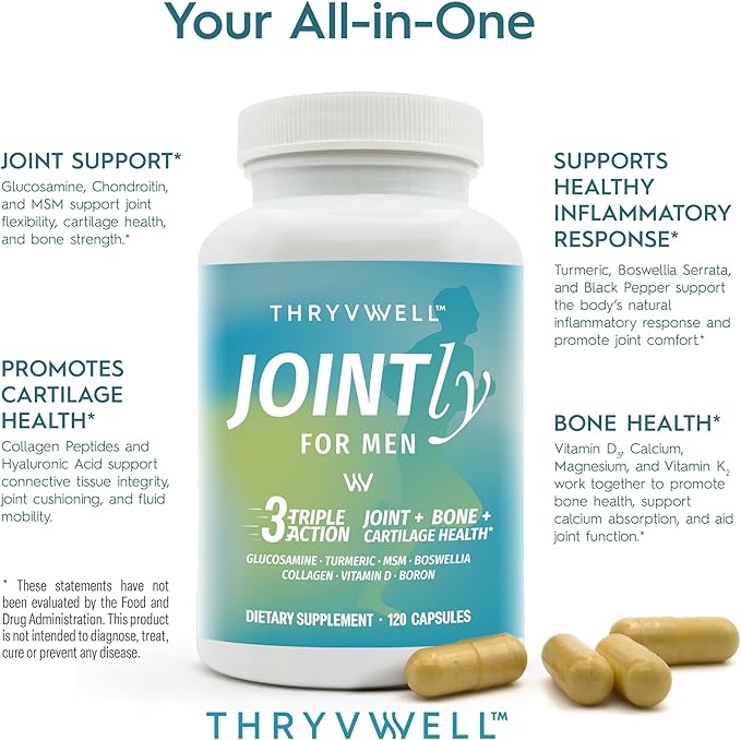 Jointly for Men – Joint Bone &amp Cartilage Supplement – Glucosamine Chondroitin MSM Turmeric Boswellia Collagen Vitamin D Calcium Hyaluronic Acid Magnesium &amp Boron – 120 Capsules