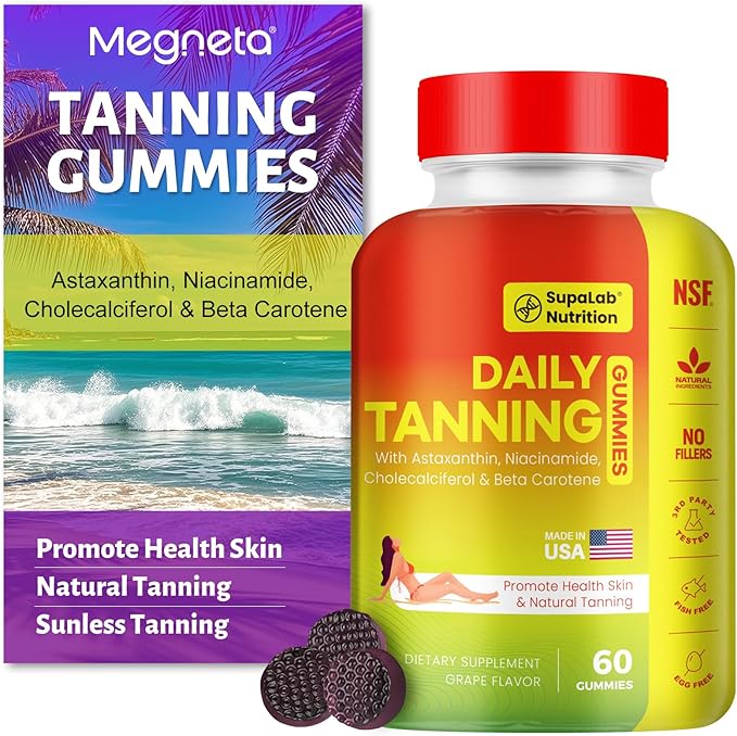 Tanning Gummies for Women Men - Natural Self Tanner Supplement with Astaxanthin Beta Carotene Lycopene Zinc Citrate &amp Vitamins Sunless Tan Booster Skin Hydration &amp Glow (Purple)