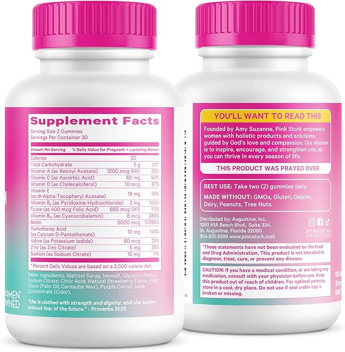 Pink Stork Postpartum Hair Loss Gummies | Biotin Pantothenic Acid Vitamin E B6 B12 | Postnatal Hair Growth + Regrowth Support | Breastfeeding-Friendly | Postpartum Essentials | 60 Gummies