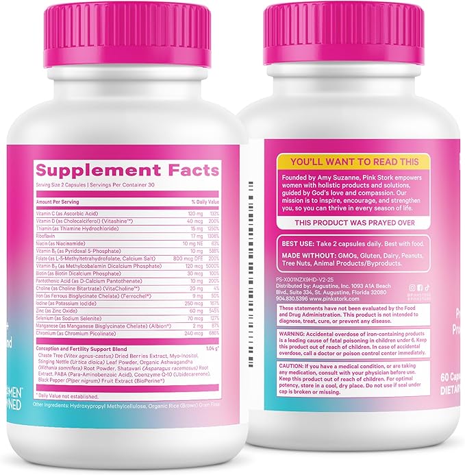 Pink Stork Fertility Supplements for Women - Prenatal Multivitamin with Ovulation Conception &amp Hormone Balance Support - 17 Vitamins &amp Inositol Ashwagandha &amp Vitex - 120 Capsules
