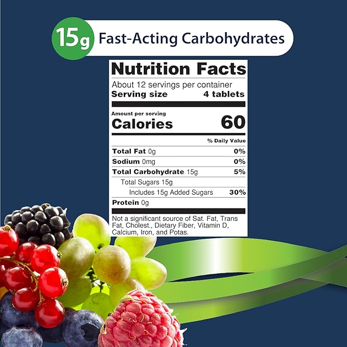TRUEplus Glucose Tablets Chewable Grape Raspberry Orange Flavors 15g Fast-Acting Carbohydrates Fat Free Gluten Free Raise Low Blood Sugar and Boost Energy 50 Count 12 Bottles