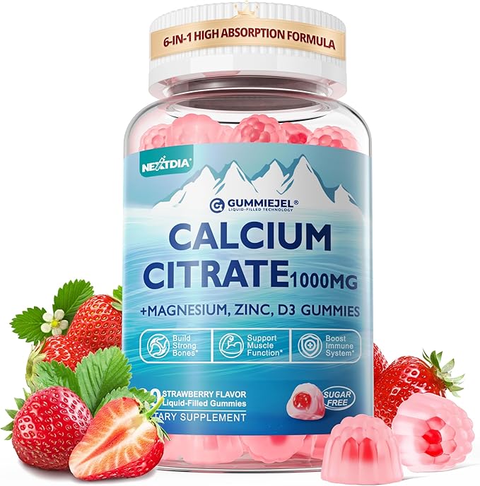 Calcium Citrate Vitamin D3 1000IU Gummies for Women &amp Men Sugar Free Bone Health Complex with Calcium Magnesium Zinc Potassium &amp B6 High Absorption Teeth Leg Cramp &amp Nerve Health Ve