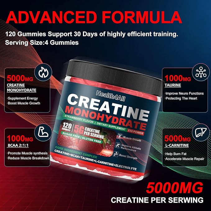 Health4All Creatine Monohydrate Gummies 5g for Men &amp Women Creatine Gummy for Strength Energy &amp Muscle Growth Support Pre-Workout Supplement - Strawberry 120 Gummy