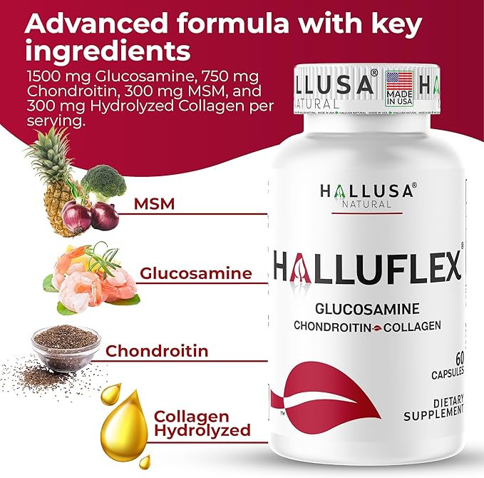 Hallusa Natural Halluflex Joint Support Supplement for Women &amp Men Glucosamine Chondroitin 2850mg 180 Capsules Plus Hydrolyzed Collagen Mobility Flexibility &amp Joint Health