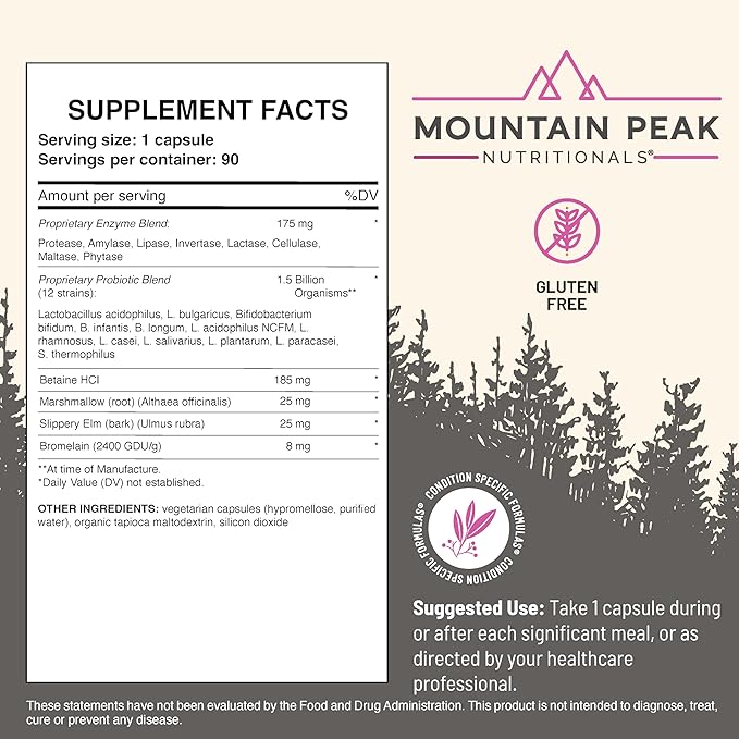 Mountain Peak Nutritionals Digestive Enzymes &amp Probiotics for Gut Health &amp Bloating Relief - Advanced Digestion Supplement w/ 12-Strain Probiotic Blend &amp Betaine HCl (90 Vegetarian Capsule