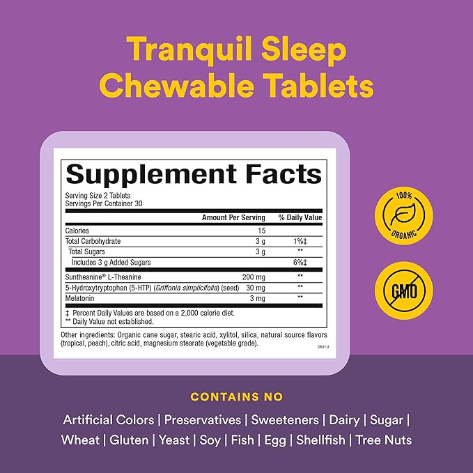 Natural Factors Tranquil Sleep - Calm Sleep Health Supplement - Relaxation Support Supplement with Melatonin &amp 5-HTP - 120 Chewable Tablets (60 Servings)