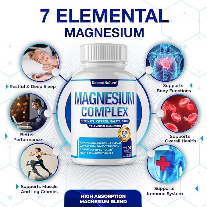 Magnesium Complex 7 Elemental Magnesium Supplement 1000mg – Magnesium Glycinate Citrate Malate Taurate Oxide Aspartate Orotate Non-GMO 90 Capsules
