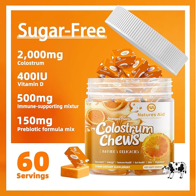 Colostrum Chews Supplement with probiotics for Gut Health Bloating Immune Support Skin Hair Growth and Beauty - Orange Flavor (60 Servings)
