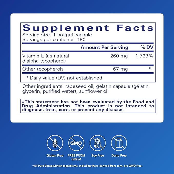 Pure Encapsulations Vitamin E (with Mixed Tocopherols) - Antioxidant Protection &amp Cellular Function - Contains Mixed Tocopherols - Non-GMO - 180 Softgel Capsules