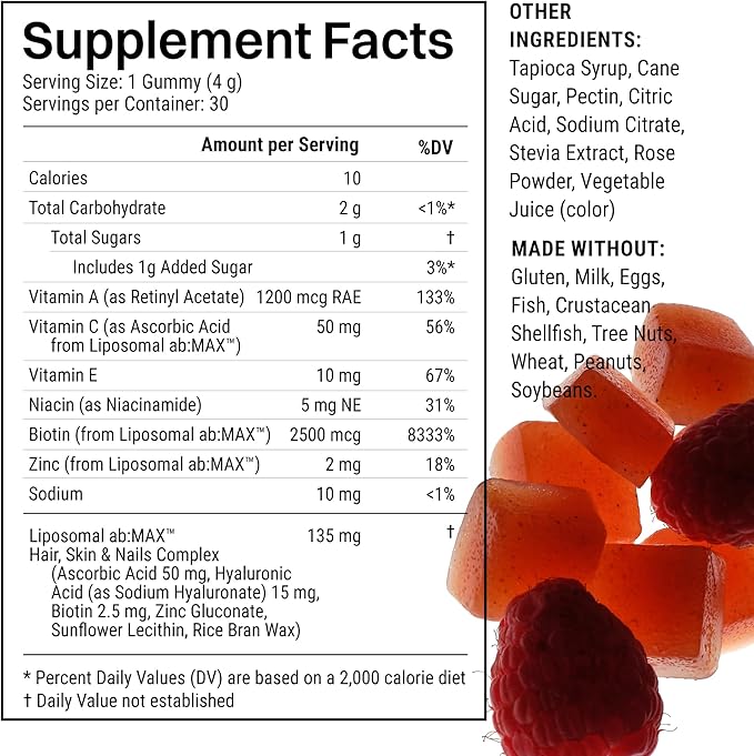 Haroutine Liposomal Hair Skin &amp Nails Gummies 2500 mcg Liposomal Biotin 1200 mcg Vitamin A 2 mg Vitamin E Healthy Hair Nail Strengthener Skin Support - 30 Servings Raspberry Rose Flavor