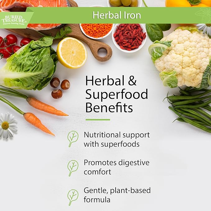 Buried Treasure Herbal Iron - 48 Servings Liquid Iron and Herbal Supplement Vitamin C &amp B Complex Vitamins Iron-rich Greens Vegan Iron for Men and Women