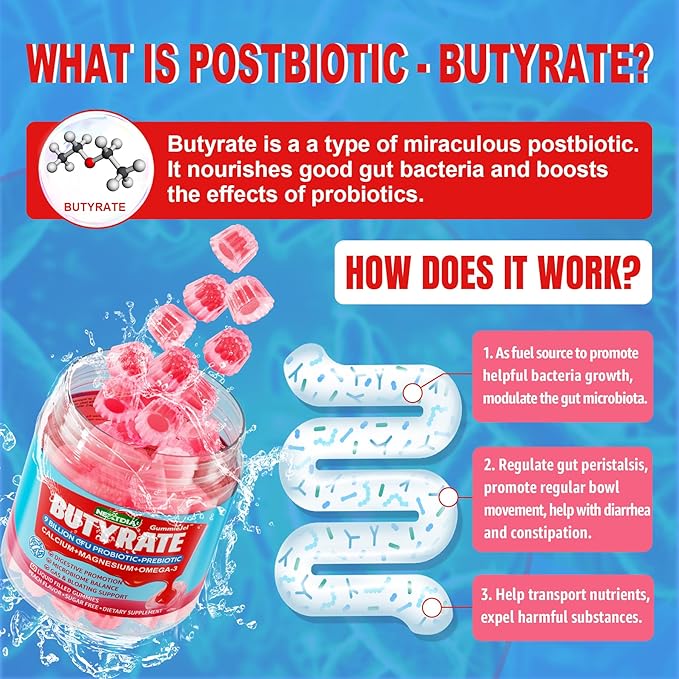 Butyrate Gummies with Probiotic + Prebiotic + Postbiotic Omega-3 500mg9 Billion CFU Probiotics with Fiber Calcium &amp Magnesium InulinPsyllium Husk for Digestive HealthBloating SupportSugar F