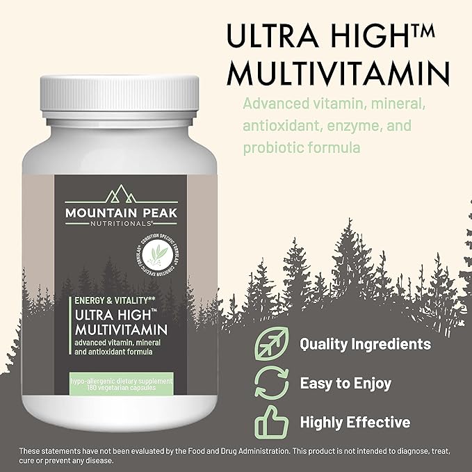 Mountain Peak Nutritionals Ultra High Multivitamin for Men &amp Women - with Vitamins A B12 B6 C D E Magnesium Zinc Folic Acid Digestive Enzymes &amp Probiotics (180 Vegetarian Capsules)