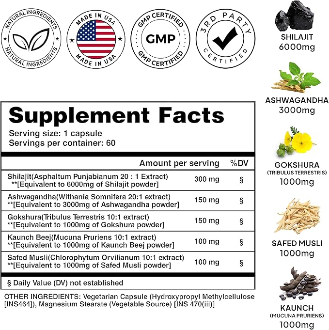 Pure Prana Shilajit Ashwagandha Capsules with Safed Musli &amp Gokshura for Men &amp Women – Herbal Energy Vitality Supplement with Tribulus &amp Mucuna – 60 Capsules (2.47 oz)