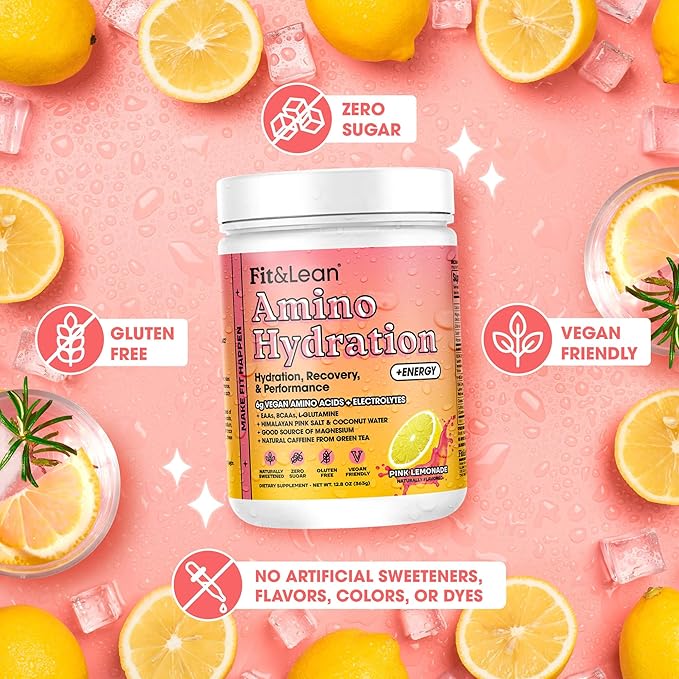 Fit &amp Lean Amino Hydration Plus Energy Pre Workout Powder 6g Vegan Essemtial Amino Acids EAA BCAA Glutamine Electrolytes &amp Natural Caffeine Pink Lemonade 30 Serve