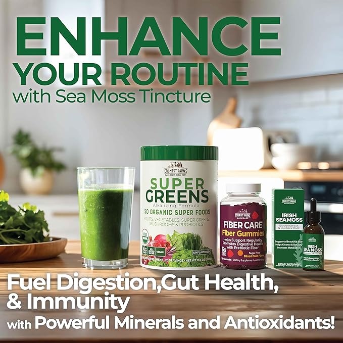 COUNTRY FARMS Super Greens Natural &amp Fiber Gummies with Bonus Sea Moss Tincture Natural Energy Support Digestive Health Supports Regularity Bundle Pack