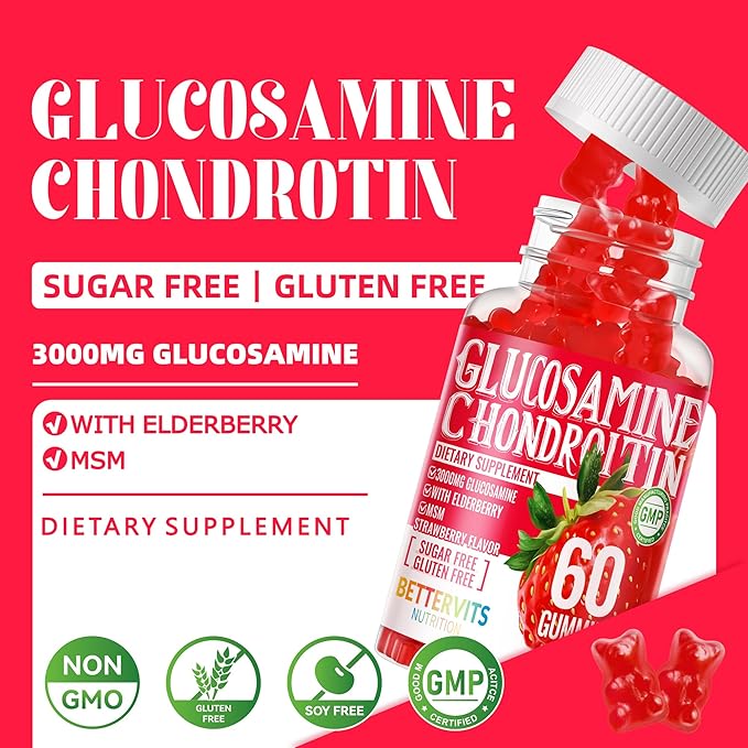 Glucosamine Chondroitin Gummies with MSM &amp Elderberry Extra Strength - Joint Support Antioxidant Immune Support Supplement for Adults Men &amp Women.120 Strawberry Gummies