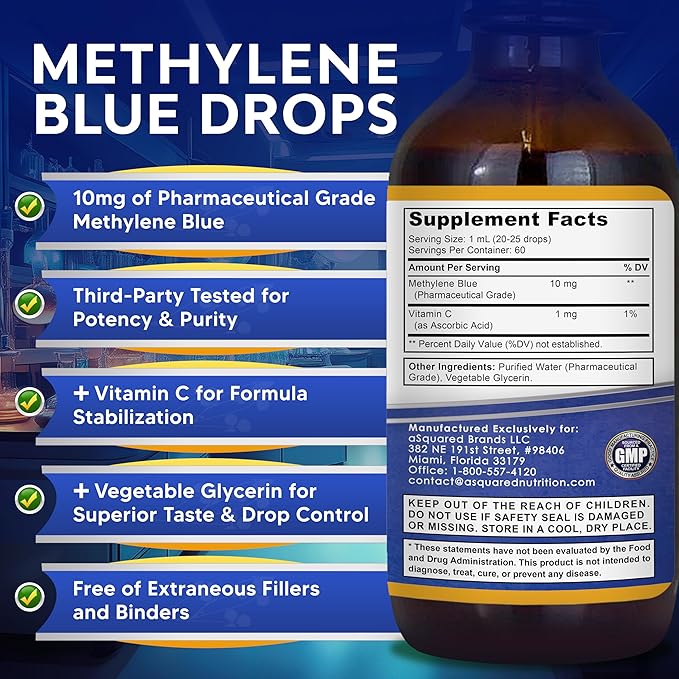 aSquared Nutrition Methylene Blue Drops - 1% Pharmaceutical Grade Liquid Supplement for Humans - 10mg USP Grade w/Vitamin C - No Formaldehyde - Brain &amp Energy Alternative to Capsules (2 fl oz)