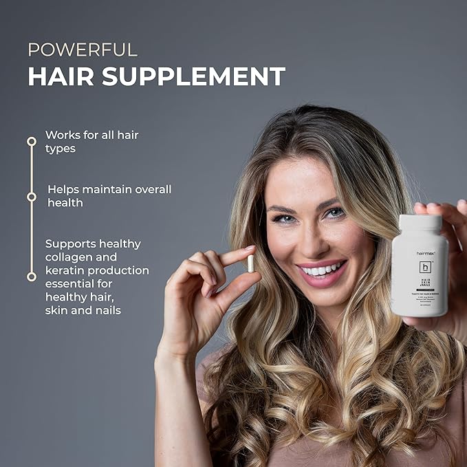 Hairmax Hair Skin and Nails Dietary Supplement – Hair Loss &amp Hair Regrowth Treatment. 2500mcg Biotin DHT Blocker MSM &amp Antioxidants 60 Capsules