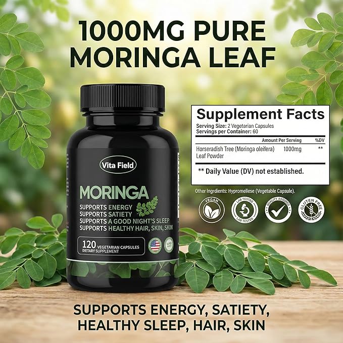 Moringa Capsules - Pure Moringa Leaf Powder 12000mg | 3-Month Supply | Third-Party Tested Non-GMO Gluten-Free | Supports Natural Energy &amp Vitality for Seniors