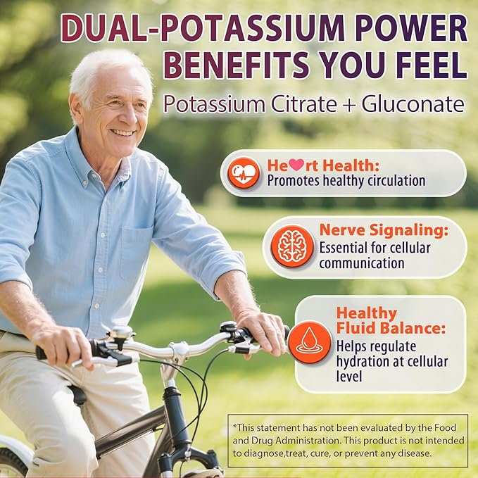 Potassium Citrate and Potassium Gluconate Supplement 1200mg Two Forms of Potassium Gummies w/Magnesium Omega-3 Calcium Vitamin D3 K2 B12 E B6 Folate for Mṵṣḉḷḙ Nerves Health Bones 120Cts