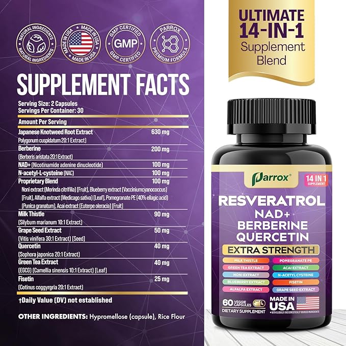 Resveratrol Supplement with Milk Thistle NAD Berberine Quercetin Fisetin Pomegranate Green Tea Noni Acai Blueberry Grape Seed Extracts N-Acetyl Cysteine 14-in-1 Extra Strength (180 Caps)