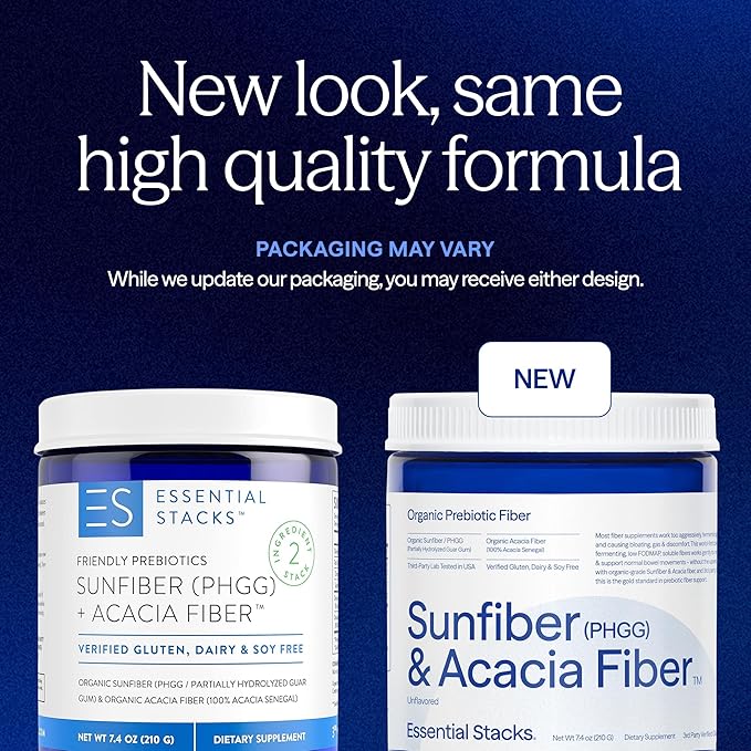 Essential Stacks Organic Sunfiber Prebiotic Fiber (Partially Hydrolyzed Guar Gum/PHGG) with Acacia Fiber Powder - Gluten Free Non-GMO &amp Unflavored (7.4 oz)
