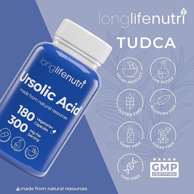 LongLifeNutri Ursolic Acid 300mg - Sourced from Rosemary Leaf Extract 180 Vegetarian Capsules Organic Supplement for Muscle Growth &amp Recovery 2-Month Supply Lab Tested GMP Certified Made in
