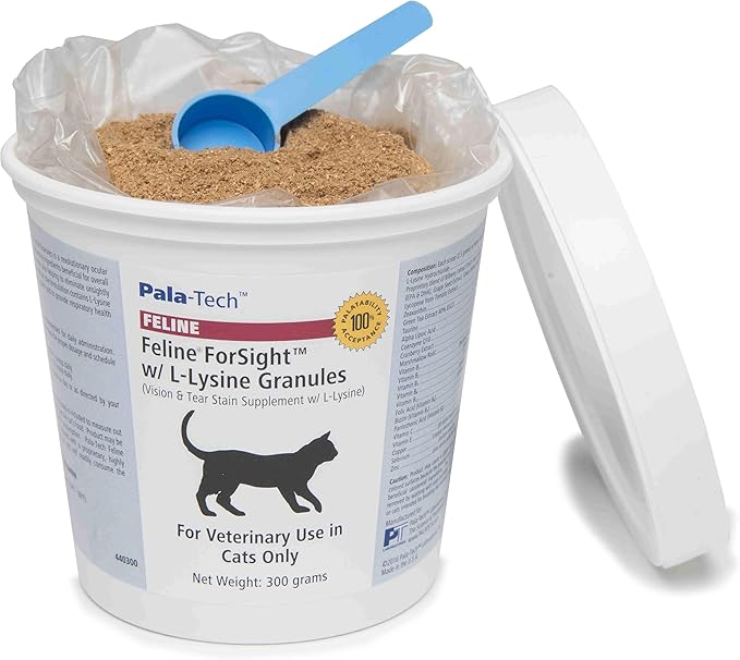 Pala-Tech Forsight L-Lysine for Cats 300g - Immune &amp Eye Health Support - Cat Lysine Granules for Sneezing Runny Nose Watery Eyes - Feline Respiratory Support Supplement with Grape Flavoured