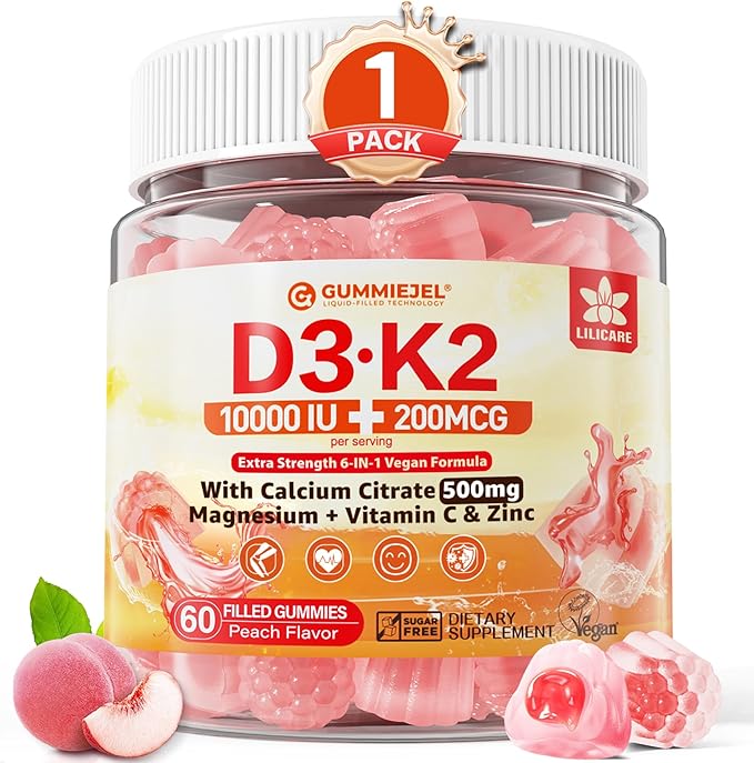 Vitamin D3 K2 Gummies 5000IU / 10000 IU with 500mg Calcium + K2(MK-7) 200mcg Magnesium Vitamin C &amp Zinc Extra Strength - Ultimate Absorbency for Bones Muscles Teeth Vegan 60 Count (Pack of