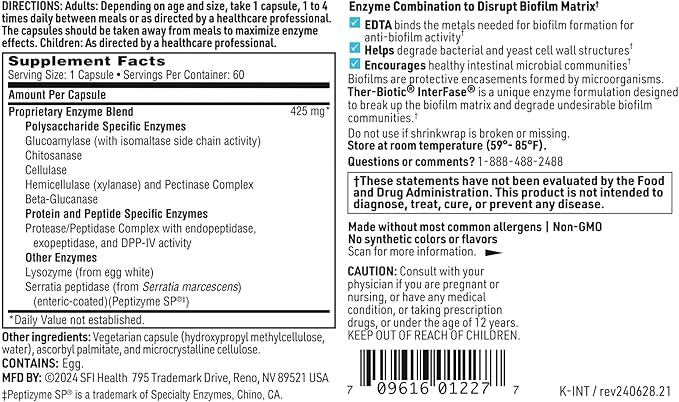 Klaire Labs SFI Health Ther-Biotic InterFase - Multi Enzyme Formula for Digestive Health &amp Gut Balance - Designed to Support a Healthy Microbiome (60 Capsules)