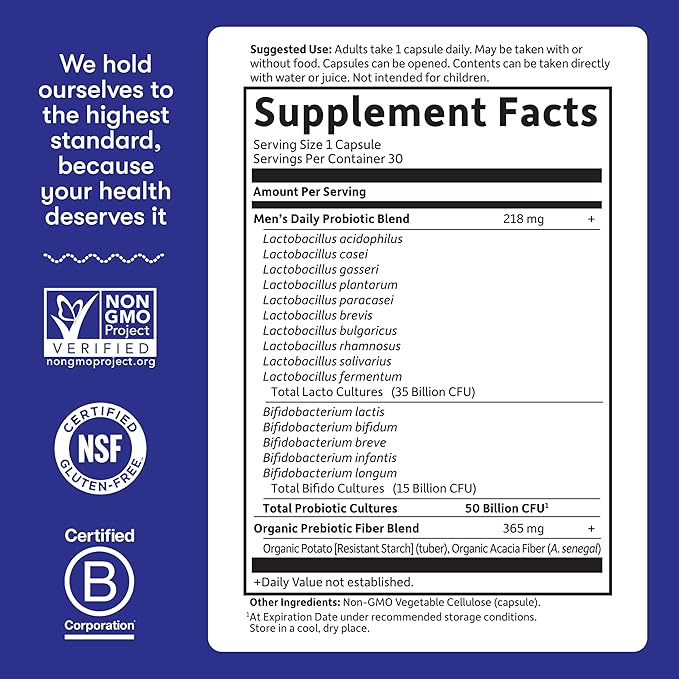 Garden of Life Probiotics for Men Dr Formulated 50 Billion CFU 15 Probiotics for Digestive Health + Organic Prebiotic Fiber Colon &amp Immune Support Daily Gas Relief Shelf Stable 30 Capsules
