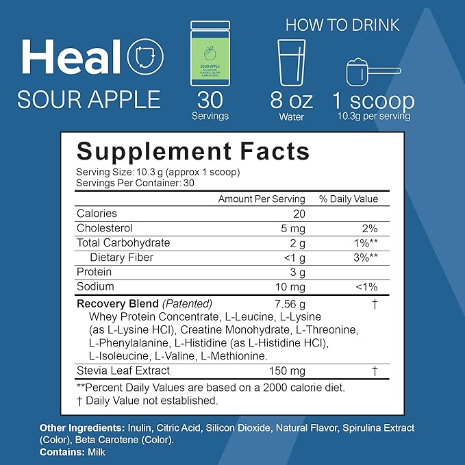 The Amino Co. - Heal - Post Workout Recovery Drink with Pure Eaa Amino Acid Formula -Creatine Monohydrate Powder for Efficient Muscle Repair Vegan and Keto-Friendly with Sour Apple Flavor - 10.89oz.