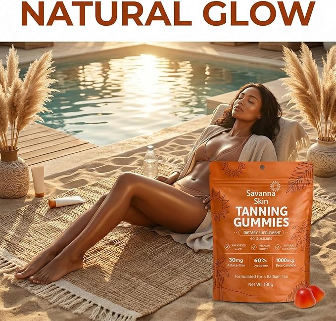 Savanna Skin Tanning Gummies with Vitamin C &amp E Astaxanthin Beta Carotene Skin Radiance &amp Hydration for Natural Looking Glow Bronzing Non-GMO Vegan &amp Sugar Free - 60 Count (1)