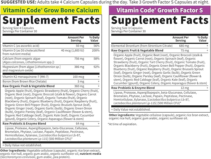 Garden of Life Calcium Supplement - Vitamin Code Grow Bone Made with Whole Foods Strontium Magnesium K2 MK7 Vitamin D3 &amp C Plus Probiotics for Gut Health 30 Day Supply